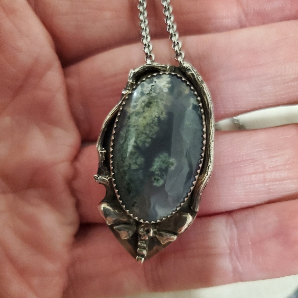 Sterling Silver Moss Agate Moth Necklace Etsy Ooak Witchy